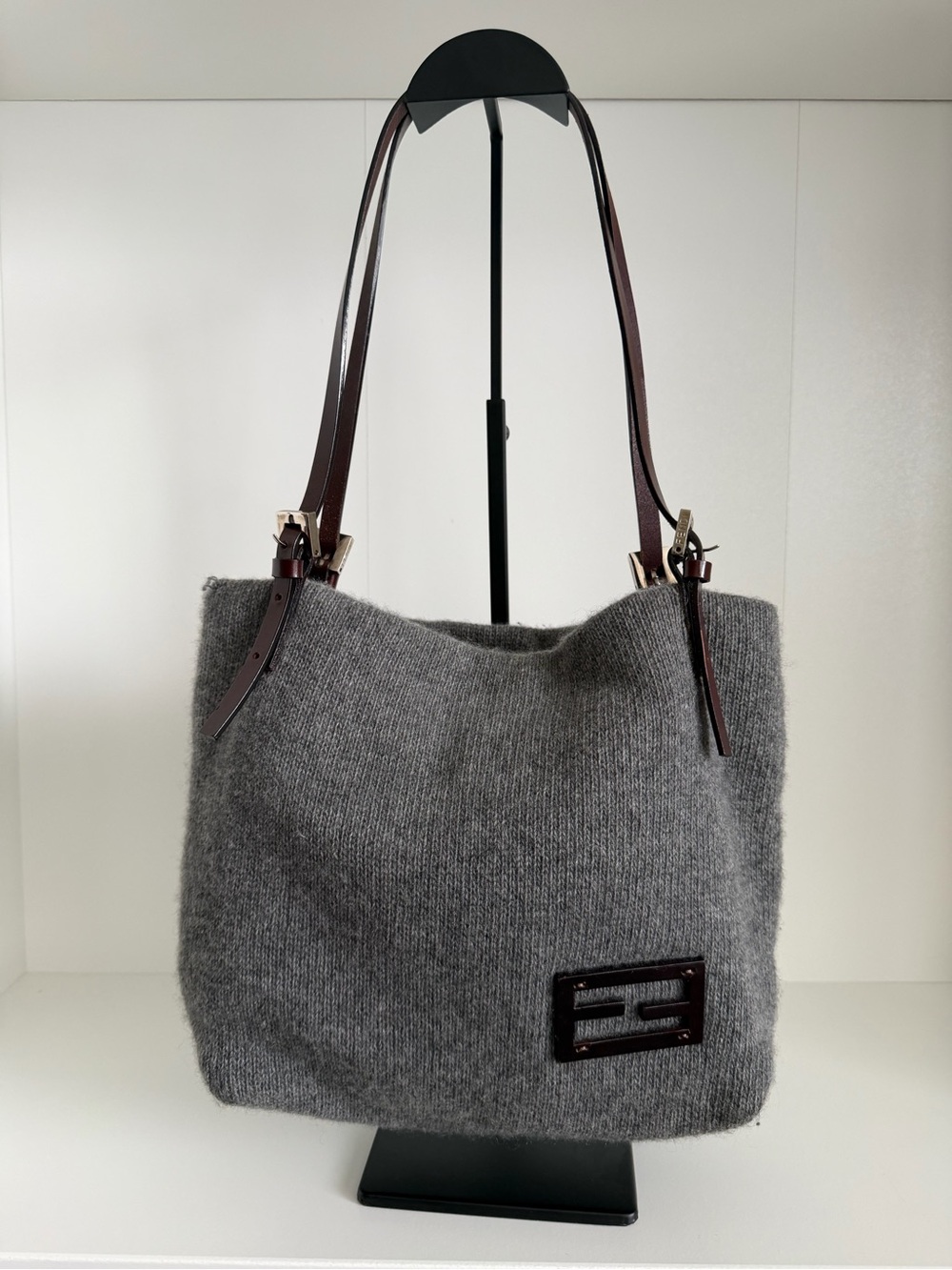 Fendi Gray Knit Tote with Brown Leather Straps